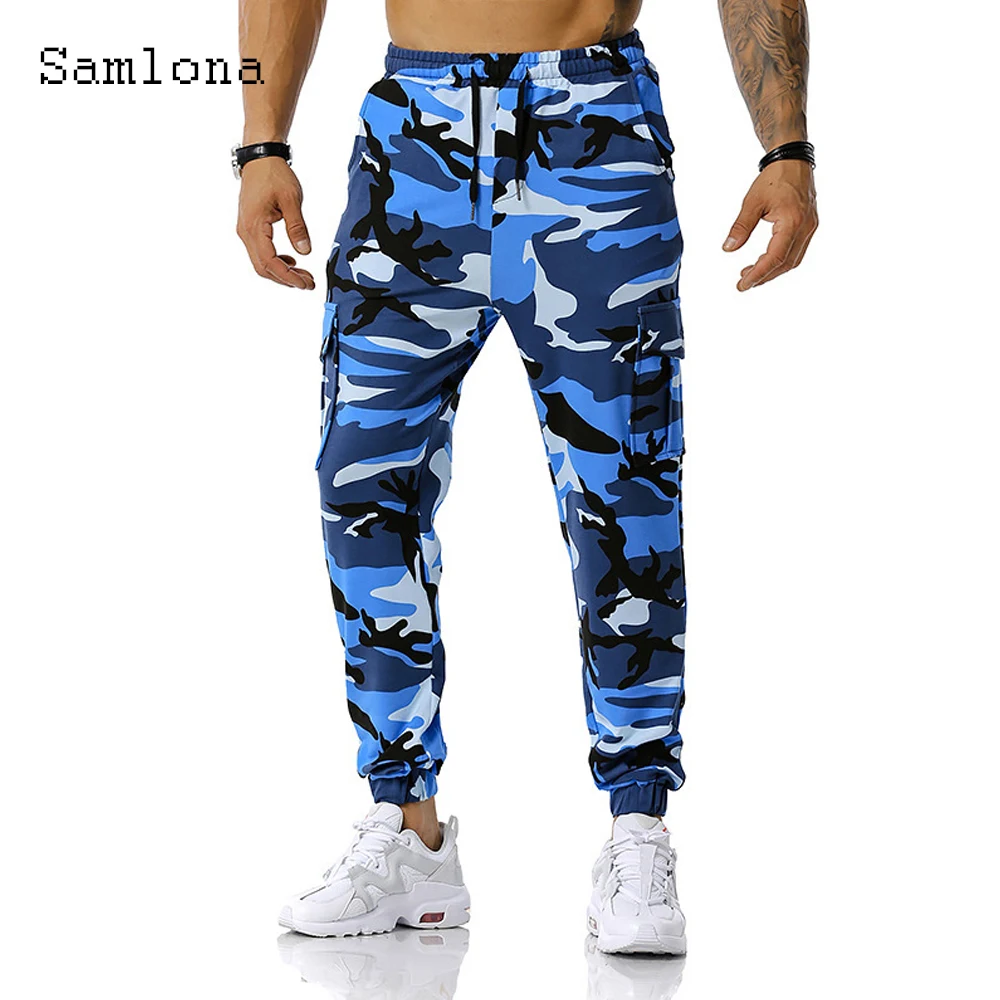 Samlona Plus size Men Pocket Design Pants Men's Outdoor Casual Bandage Pantalon 2022 European style Fashion Camouflage Trousers images - 6