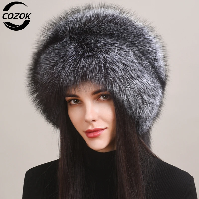 Winter Women Fur Cap Real Genuine Natural Fox Fur Hats Headgear Russian Outdoor Girls Beanies Cap Ladies Warm Fashion Bomber Hat