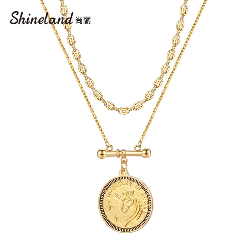

Shineland Statement Charm Multilayer Gold Color Metal Coin Necklace Pendants for Women Punk Vintage Chain Choker Jewelry Gift