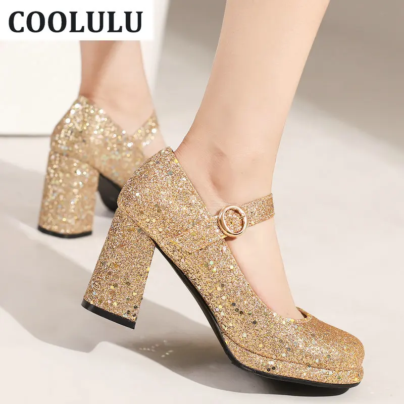 

COOLULU Glitter Mary Janes Block Heel Pumps Shoes for Women Sparkly High Heels All Match Buckle Wedding Shoes Bride Pumps