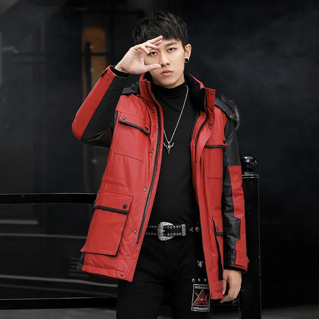 

Winter Korean 's Genuine Cowhide Leather Men Hooded Real Raccoon Fur Collar Jackets Ropa LXR1003