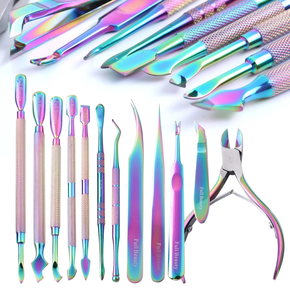 1pc Dual-end Nail Cuticle Pusher Stainless Steel Nail Art Manicure Tools Dead-skin Remover Rainbow Tweezer Nipper LA01-12/FB