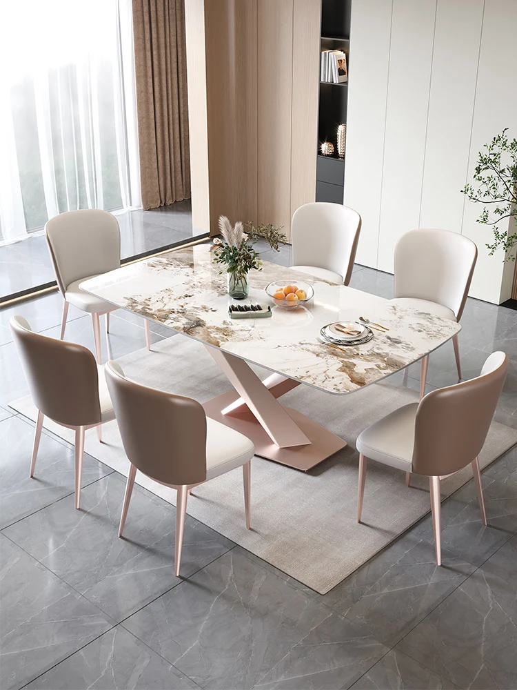 

Italian minimalist rock plate dining table modern simple light extravagant rectangular western food table and chair combination