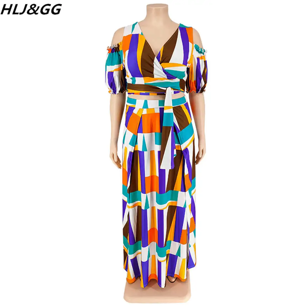 HLJ&GG Fashion Geometric Print Two Piece Sets Women Deep V Off Shoulder Crop Top+Long Skirts Outfits Plus Size Female 2pcs Suits