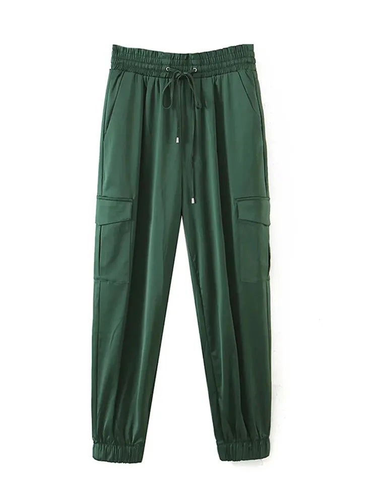 

2022 Za Woman Traf Trousers Spring Drawcord Elastic Waist Pockets Green Satin Ankle Length Cargo Pants Joggers