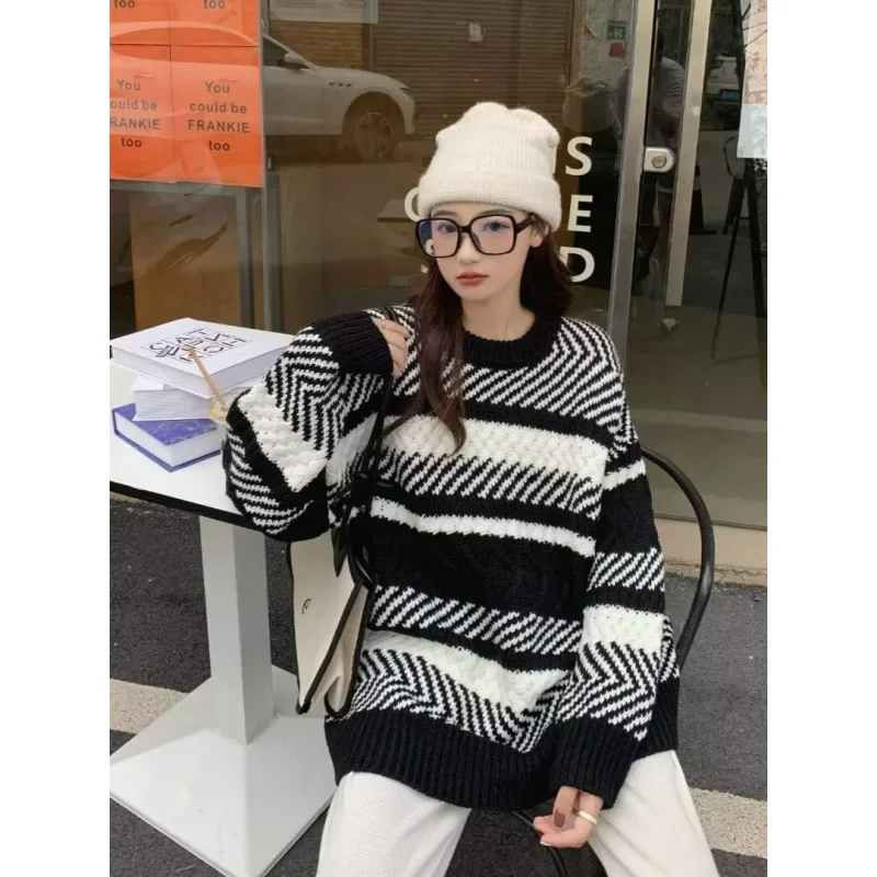 Осень-зима 2023 новый стильный женский полосатый свитер свободный пуловер верхняя