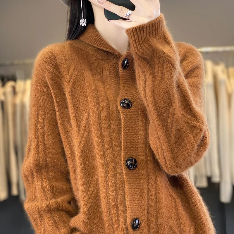 Осень и зима новый свитер из 100% мериноса женский вязаный кардиган на пуговицах