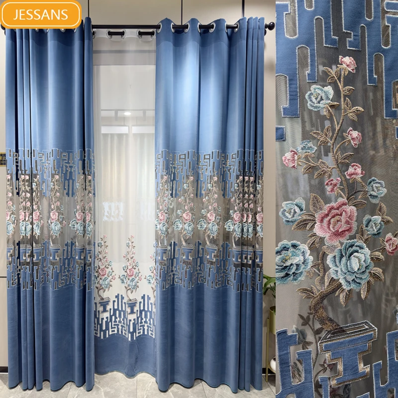

New Chinese Style Blue Embroidered Window Screen Hollowed Out Velvet Curtains for Living Room Bedroom Villa Customization