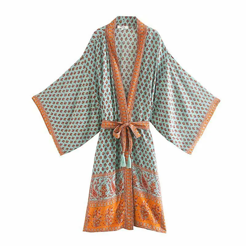 2022 New Women's Printed Belt Kimono Jacket