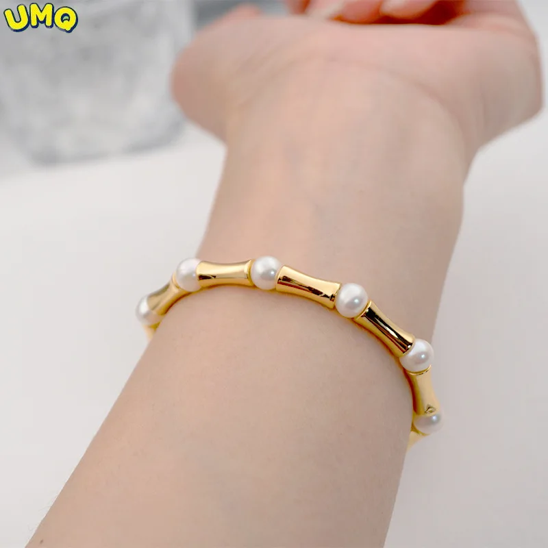 

UMQ Bamboo Joint Bracelet Freshwater Pearl Small Design Bracelet Atmospheric Couple Bracelet Gift