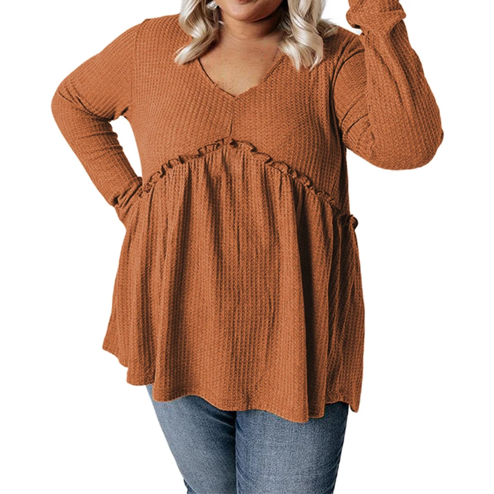 Plus Size Women Long Sleeve Autumn And Winter Leisure Home Casual V Neck T-Shirt Blouse Ruffled Waffle Knit Top XL-4XL 5XL