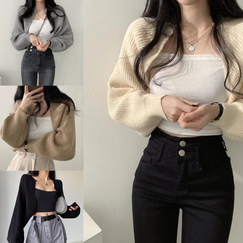 Damen-Cardigans, Vorne Offen, Zuckend, Langärmelig, Abgeschnittene Strickjacke, Pullover, Boleros, Jacke, Dropship