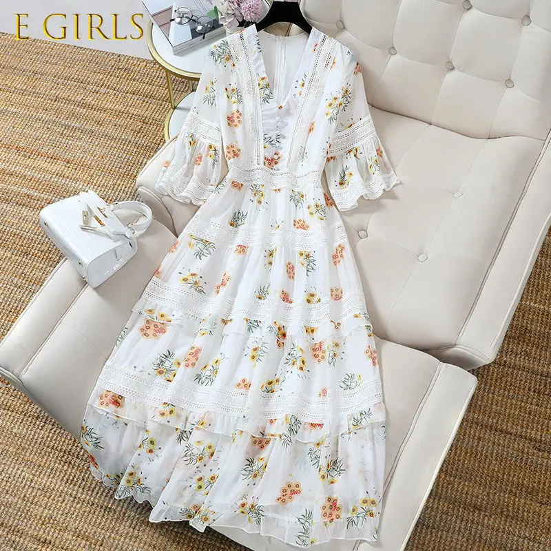 

E GIRLS Lace Aesthetic Korean Summer Light Dress 2022 Floral Chiffon Puff Sleeve Women's Dresses Tunics Loose White Casual Midi