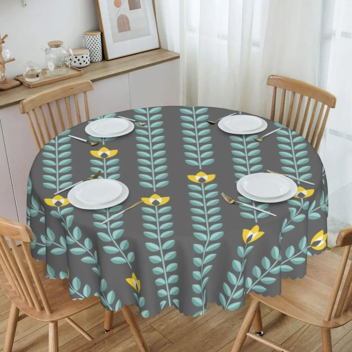 

Scandinavian Flowers Dark Grey Round Tablecloths 60 Inch Mid Century Scandi Floral Table Cover for Kitchen Table Cloth