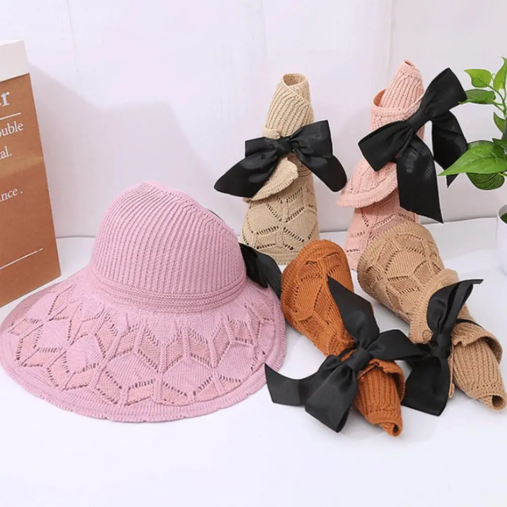 

Шляпа с солнцезащитным козырьком Складная пляжная шляпа вязаная элегантная женская шляпа с бантом