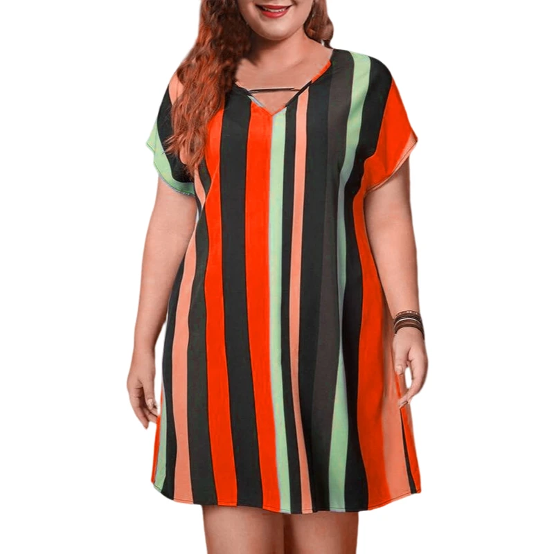 

Summer Womens Plus Size Vintage Dress Casual Short Sleeve Striped Print Ladies Elegant Oversized Dresses 3XL 4XL 5XL Clothing
