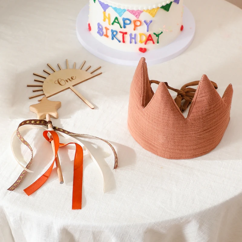 Baby Birthday Hat Set Wooden Magic Wand Toy Soft 100% Cotton Crown Hat Boy & Girl Birthday Party Crown Headband Baby Gifts