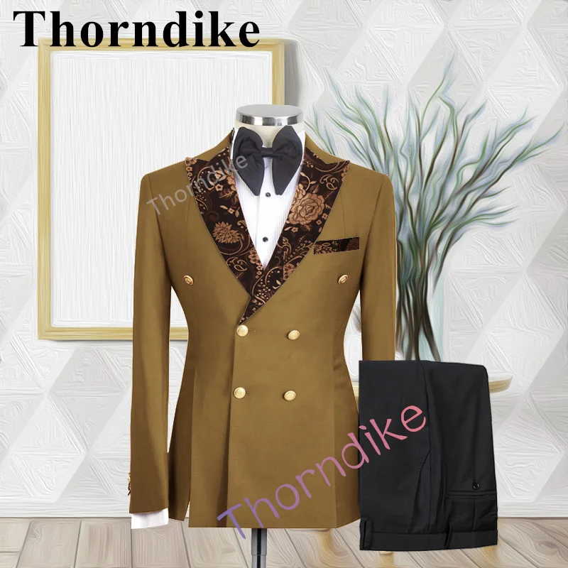 

Thorndike New Arrivals Dark Khaki Fashion Jacquard Collar Wedding Groom Suit Double Breasted Casual Tuxedo Blzaer 2 Piece Set