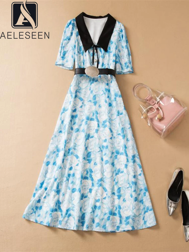 AELESEEN 2022 Summer Runway Fashion Dress Women Blue Pink Flowers Printed Short Sleeve Belt Elegant Sweet Party Long