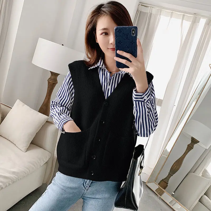 Однотонный простой свитер жилет для женщин винтажный вязаный кардиган без