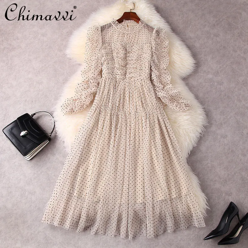 

2022 Spring Women's Clothing Fashion Fairy Retro Polka Dot Pleated Long Sleeve Dress High Waist Slim Elegant Big Hem Mesh Dress