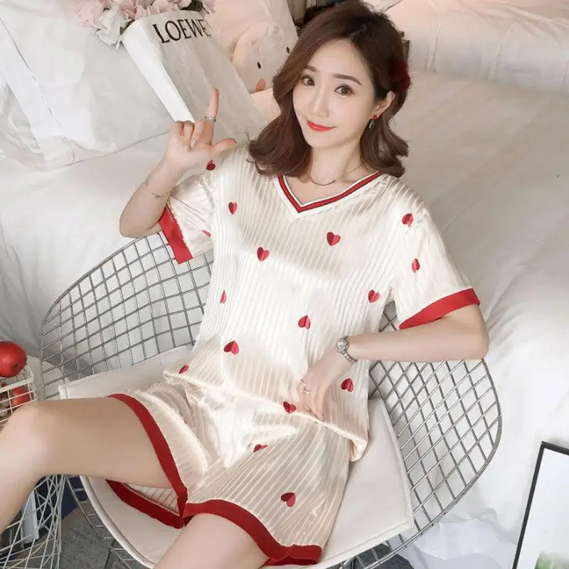 SUO&CHAO Summer New Pajamas Set For Women Sleep Wear Short Sleeve Round Neck Tops And Shorts Pyjama Sleepwear Homewear
