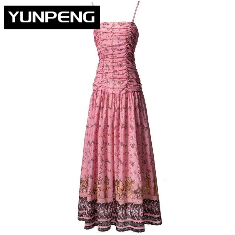 

Dresses For Women 2023 Runway Luxury Brand Elegant High Quality Summer Spaghetti Strap Pink Floral print Vacation Midi Dress