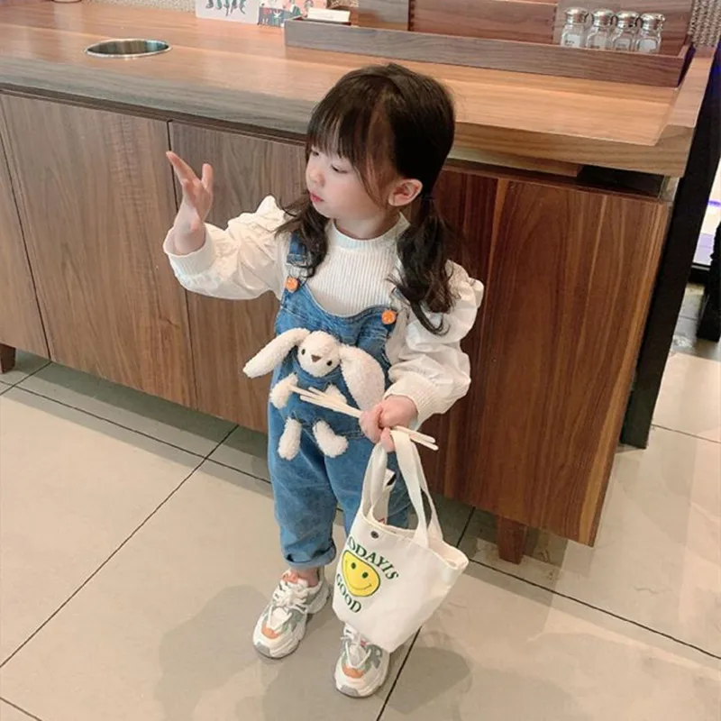 Детский комплект из двух предметов, футболка с длинным рукавом и штаны на бретелях, весна-осень 2023