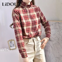 spring autumn agaric edge stand collar vintage classic plaid sanding single breasted blouse femme long sleeve simple shirt blusa