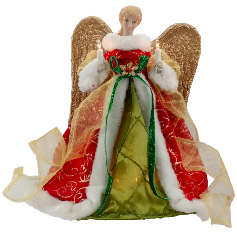 Red and Green Angel with Wings Christmas Tree Topper - Clear Lights