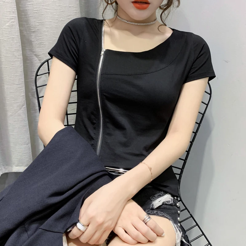 

2023 New Summer European Clothes Cotton T-Shirt Women Chic Sexy Skew Collar Zipper Tops Short Sleeve Slim All Match Tees 35019
