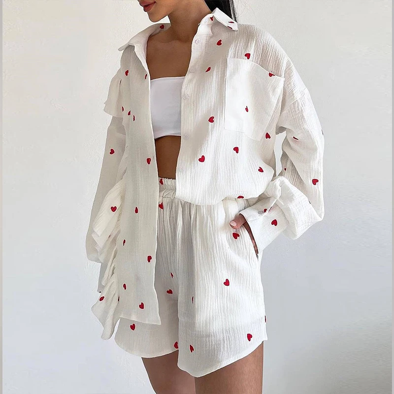 

Elegant Long Sleeve Women Two Piece Set Casual Love Ruffles Outfits Set New Autumn Button Collar Shirts Top & Loose Shorts Suit