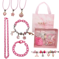 1set pink mermaid pandora bracelet kit diy european beaded necklace heart charm childrens gift fashion jewelry making supplies