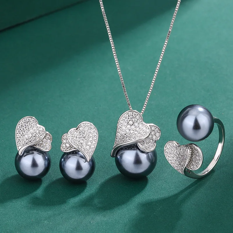 

Women's Elegant Grey Freshwater Pearls Jewelry Sets 925 Silver Brilliant Heart Shape Upscale Banquet Prom Necklace Ring Earring