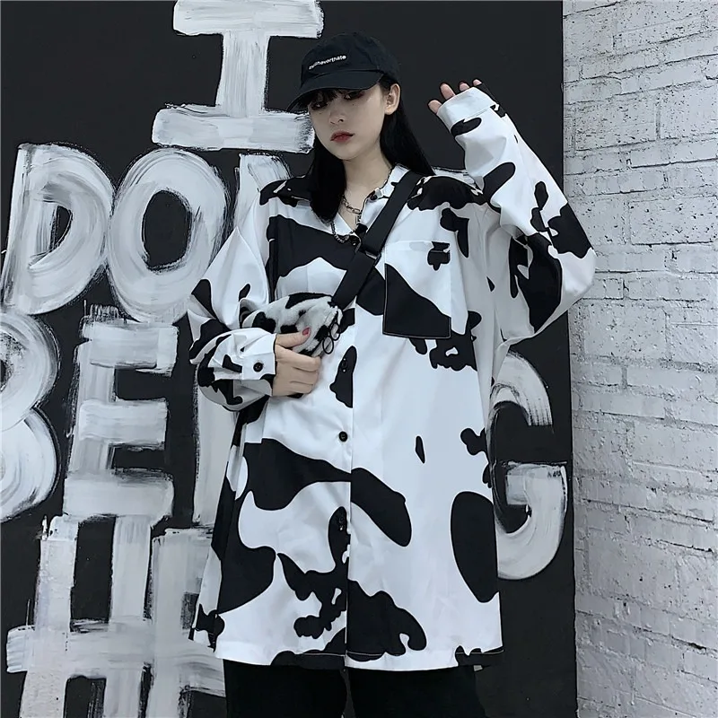 Deeptown Cow Print Women Blouses Korean Style Fashion Spring 2022 Button Up Shirt Loose Long Sleeve Women Shirt Leisure Tops New