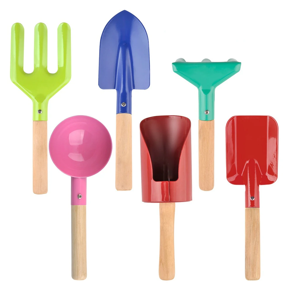 

6 Pieces Kids Gardening Tools Mini Rake Fork Trowel Wood Handle Digging Parent-child Activities Playing Sand Toys