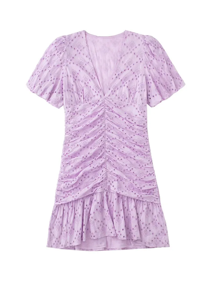 

XEASY Women Hollow Embroidered Dress Summer Fashion Sexy V-Neck Pleated Slim Puff Sleeve Dress Cotton Soft Chic Dress