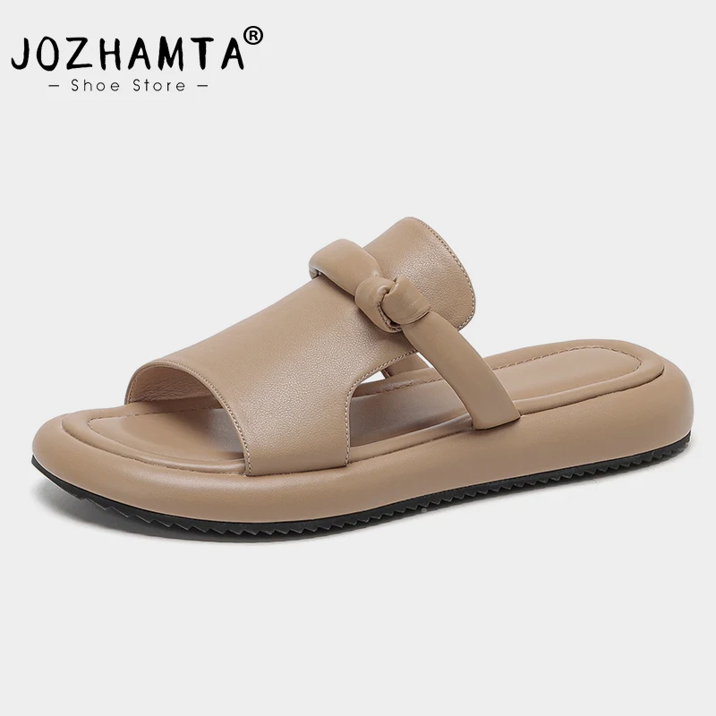 

JOZHAMTA Size 34-40 Women Flats Slippers Real Leather Low Heels Summer Shoes For Women 2023 Casual Sandals Wedges Heels Slides