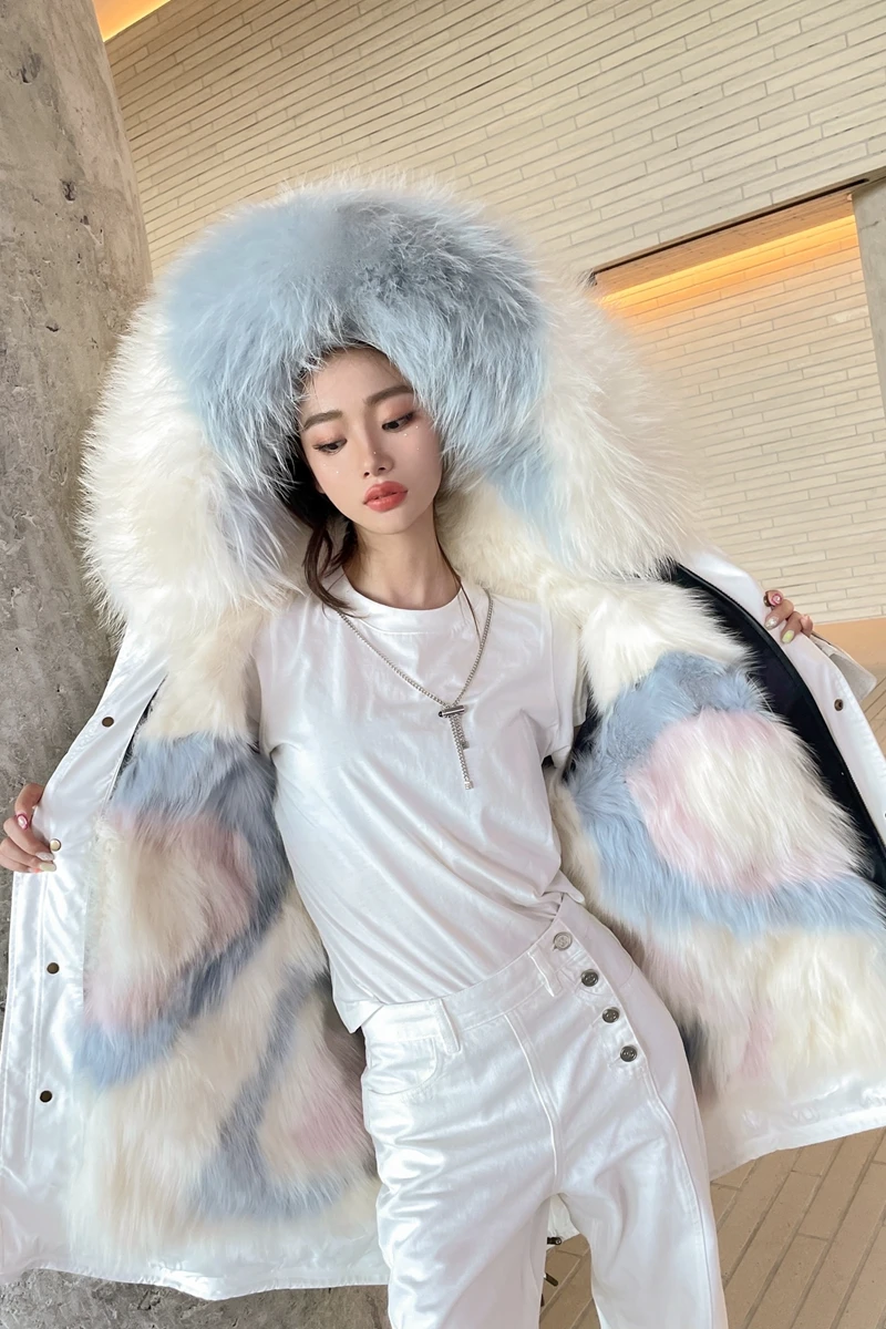 OZ Women's Winter Real Fur Coats Parkas Women Detachable Liner Jacket Overcoming Hood Fur Coat Genuine Fur Coat Women