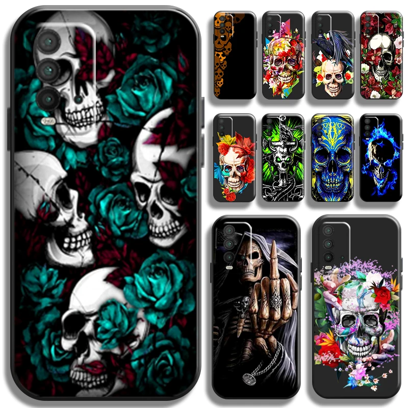 

Death Skull Flower Phone Case For Xiaomi Redmi 9T 6.53 Inch Black Liquid Silicon Soft Cases Back Full Protection Funda