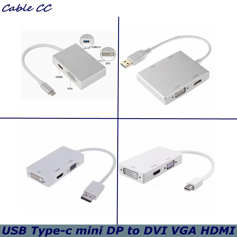Фото HD 4K USB 3.0 Type-C Mini DP/DP к DVI 24+5 HDMI-совместимый адаптер VGA RJ45 «папа-мама» для ПК, проектора, ноутбука, HDTV №1