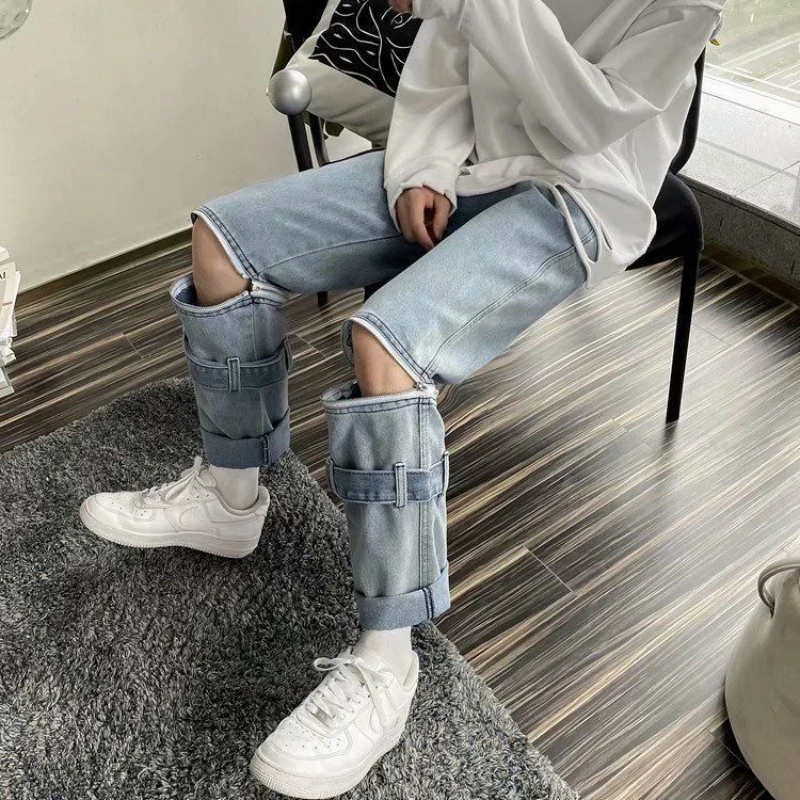 DEEPTOWN Hip Hop Straight Jeans Men Streetwear Zipper Denim Pants Hole Fashion Trousers Male Loose Casual Youth Designer Clothes