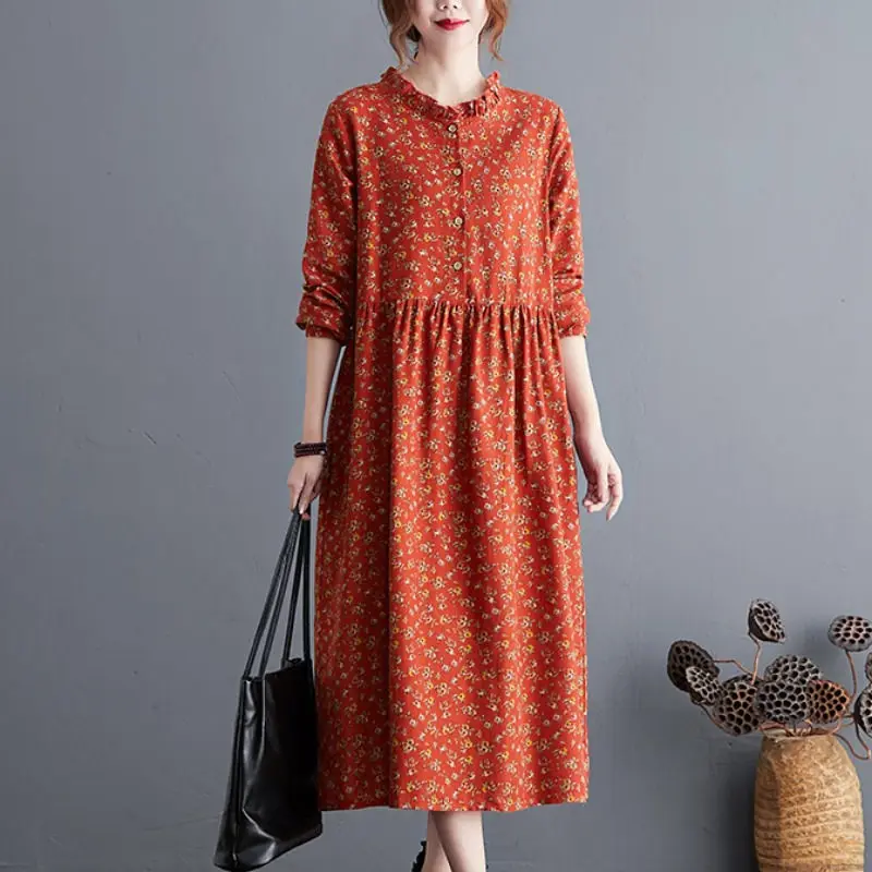 

Floral Dress 2023 Spring Autumn Artistic Retro Large Size Loose Slim Printed Cotton Linen Dress Midi Casual Women Clothes T1485