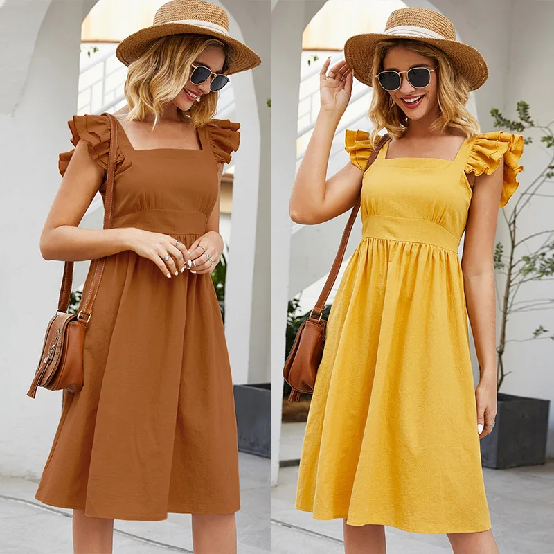 

2022 Spring And Summer New Women's Stitching Ruffled Sleeves Square Collar Solid Color Open Back Lace Dress