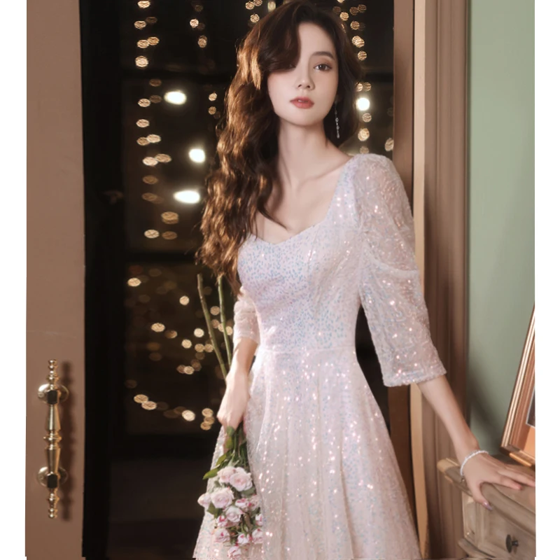Sparkly Stylish Women Banquet Temperament Gown With Sequins Bling Chinese Prom Dresses Sweetheart Neck Cheongsam Robe De Soiree
