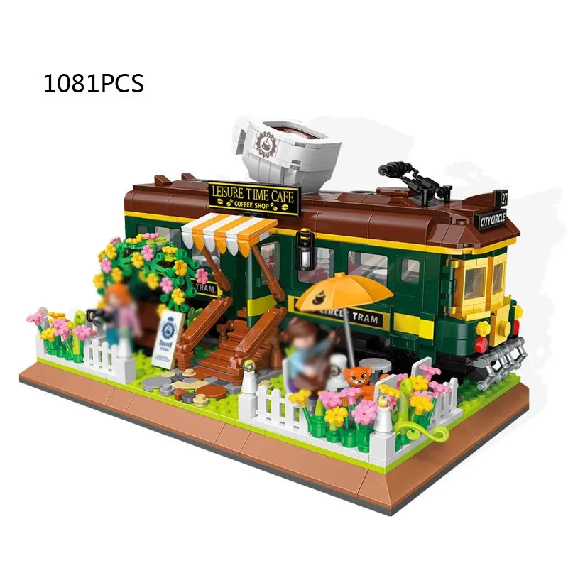 

Creative Streetscape Architecture Train Coffee House Moc Mini Block City Street View Cafe Shop Figures Build Brick Toy For Gift