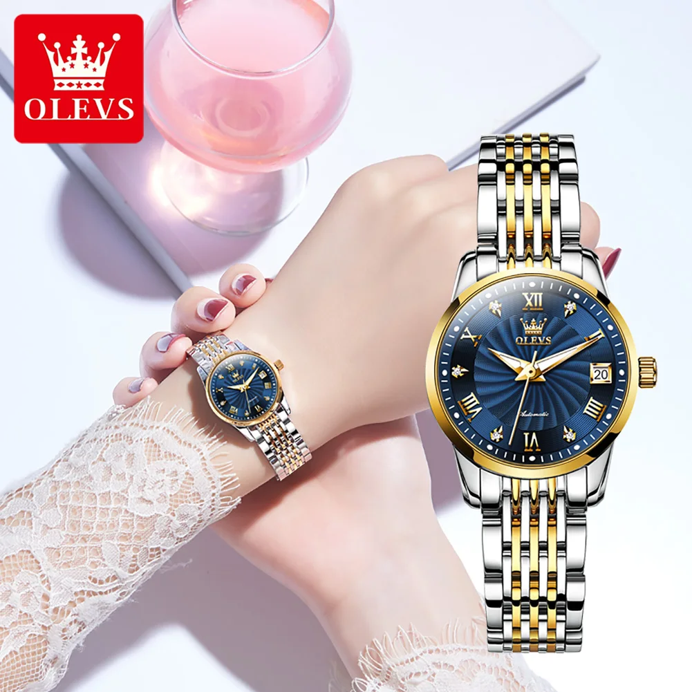 OLEVS Women's Watches Luxury Automatic Mechanical Watch for Woman Stainless Steel Waterproof Luminous Calendar Ladies Watch