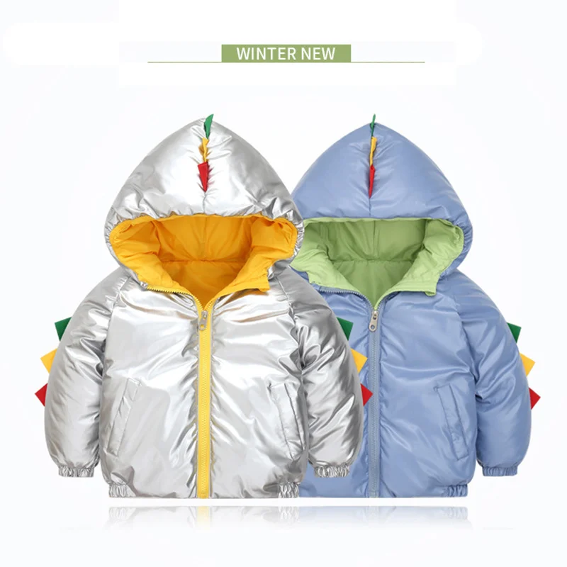 

Модное детское пуховое пальто, новое пальто на молнии с карманами и мультипликационным динозавром для девочек и мальчиков, зимние уличные т...