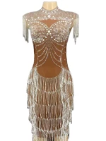tassel sheath dress crystal rhinestone skinny dress women party prom formal dress cosplay nightclub singer stage costume