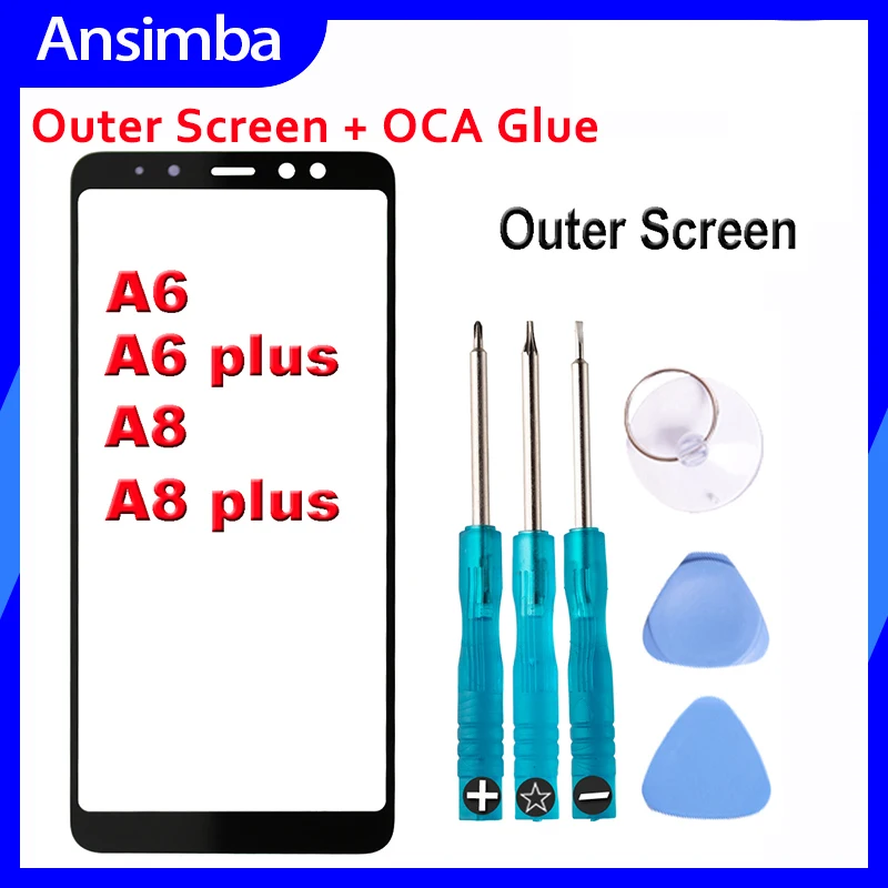 

Внешнее стекло для переднего экрана с клеем OCA для Samsung Galaxy A6 A6 Plus A8 A8 Plus, Сменное стекло для сенсорного ЖК-экрана